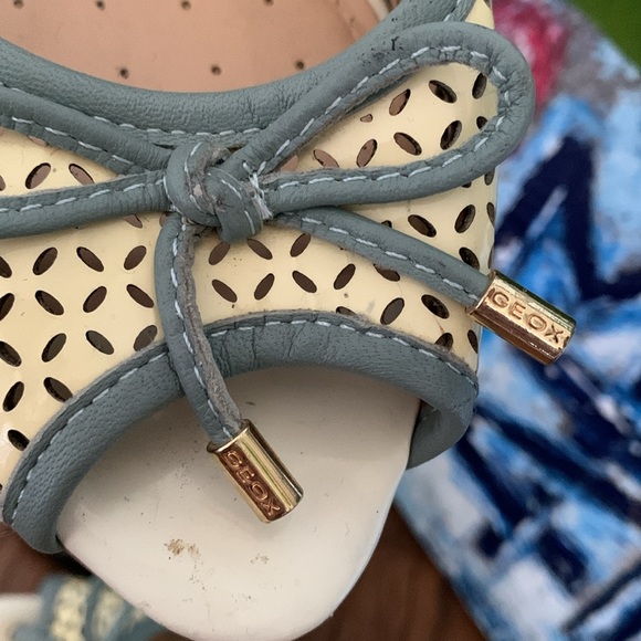 Sz 40 GEOX Respira Olive & Pale Butter Yellow Leather Heels Bow Detail - Picture 2 of 9